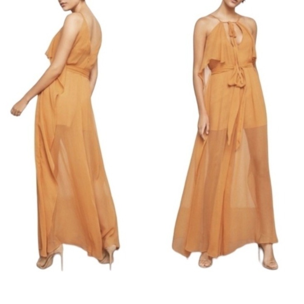 BCBGMAXAZRIA 100% Silk Jumpsuit Halter Belt Marigold Orange Sheer Overlay NWT S